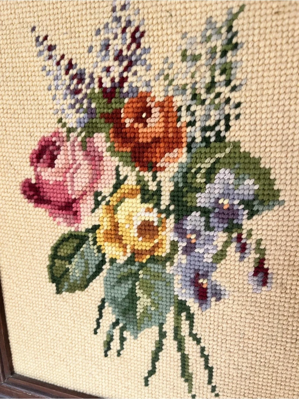Vintage Handmade Floral Cross-Stitch Wall Art in Wood Frame